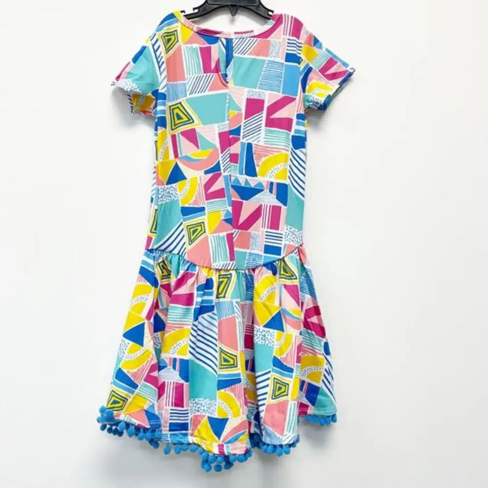 Dot Dot Smile‎ Girls Geometric Print Flapper Dress Pom-Pom Trim Size 7